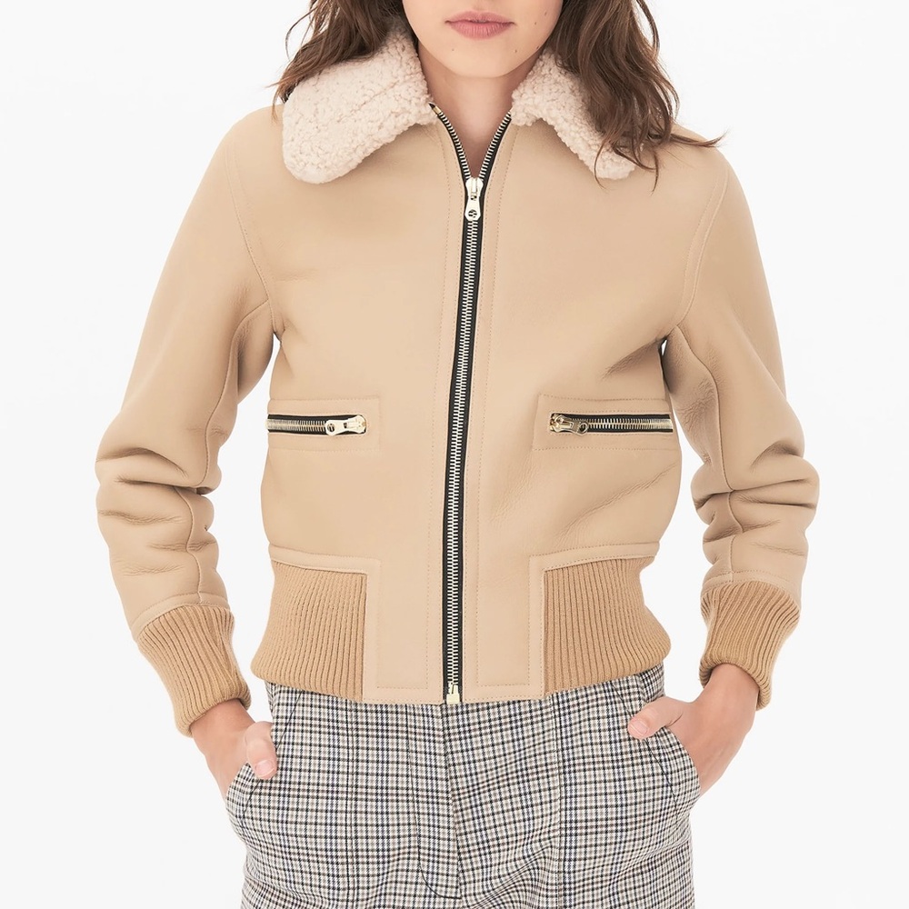 Sandro Paris Cerone Bomber Jacket Shearling Aviator Beige Tan 1 S $1,195